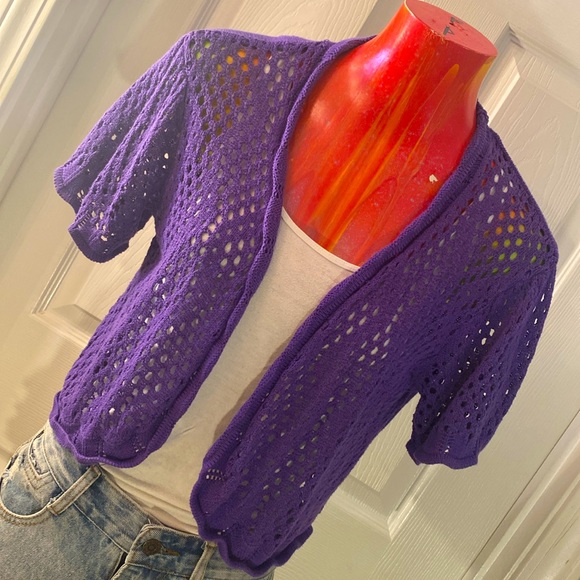 Sweaters - VINTAGE SARA MORGAN Purple Open-Knit Cropped Cardigan Sweater